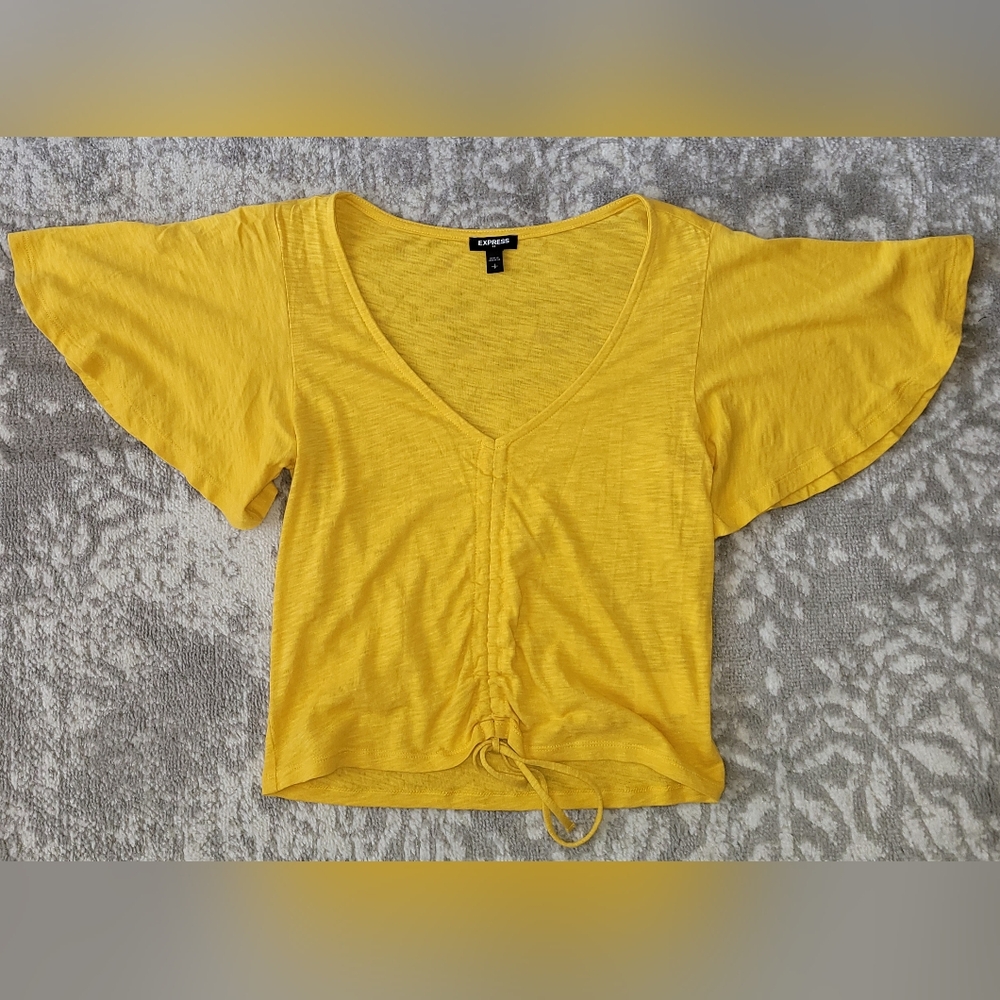 Express Knit Yellow Drawstring Balloon Sleeve Casual Top, Size S